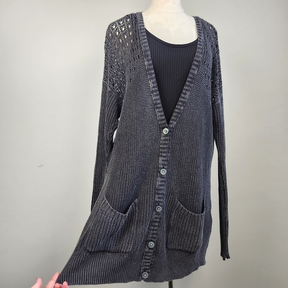 Y2K Charcoal Crochet Knit Cardigan Sweater Whimsigoth Dark Fairy Size M Witchy - Picture 3 of 16